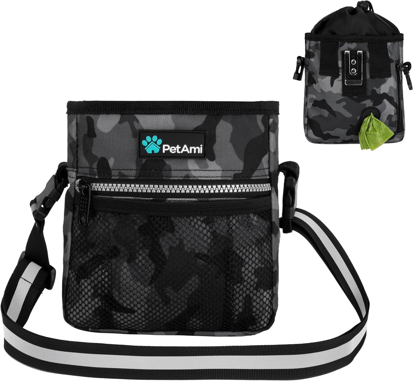 Petami Dog Treat Pouch, Pet Treat Pouch for Training, Dog Walking Bag Holder for Kibbles, Pet Food Toy, Dog Trainer Essentials Supplies, Poop Bag Dispenser, 3 Ways to Wear (Camo Black)