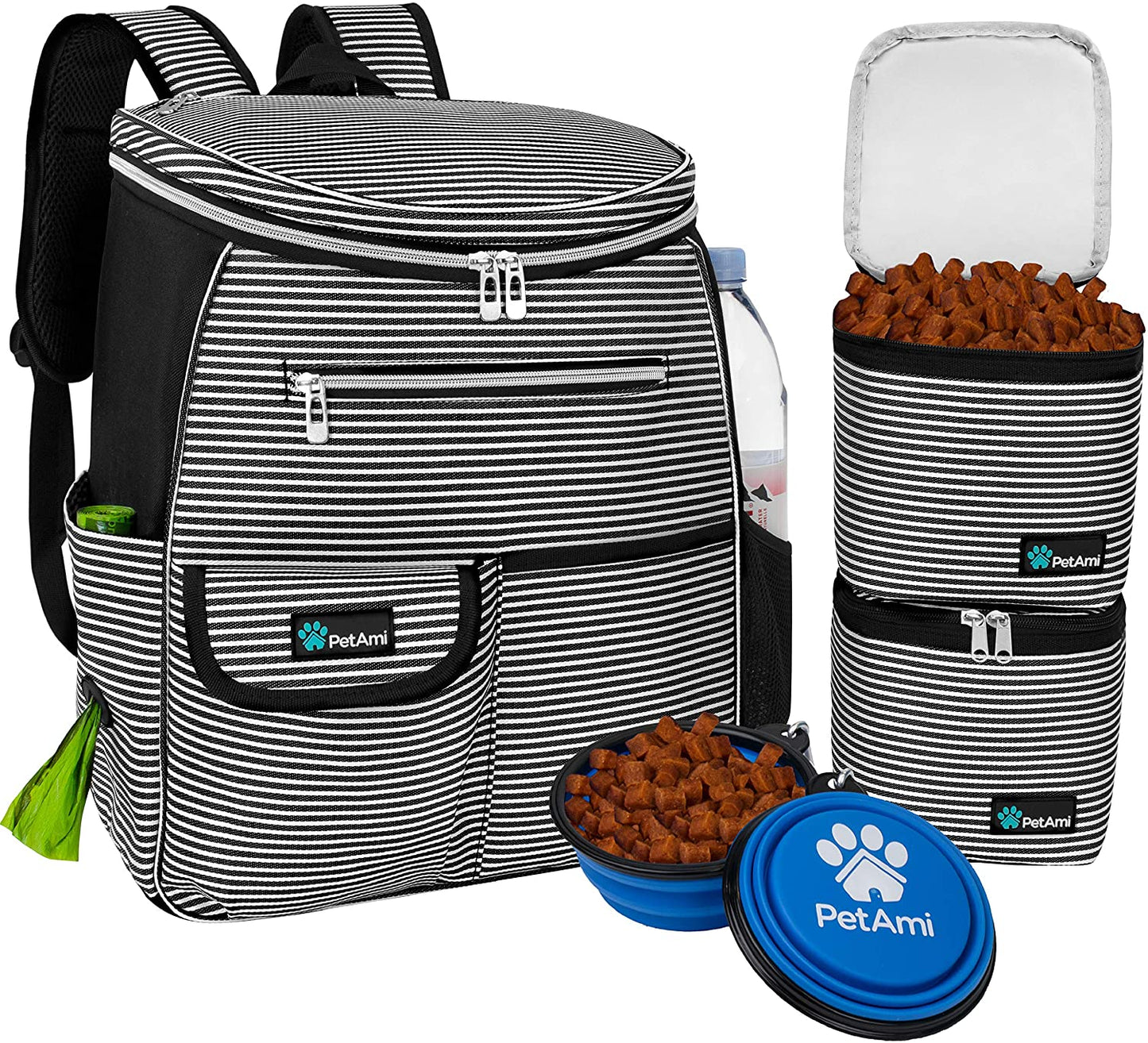 Petami Dog Travel Bag Backpack, Airline Approved Dog Bags for Traveling, Puppy Diaper Bag Supplies, Pet Camping Essentials Hiking Accessories Gift, Food Container, Collapsible Bowls, Stripe Black