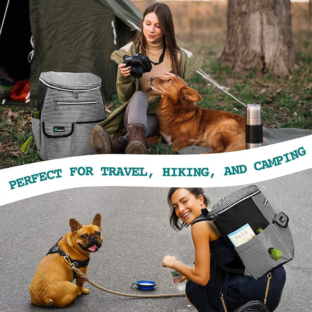 Petami Dog Travel Bag Backpack, Airline Approved Dog Bags for Traveling, Puppy Diaper Bag Supplies, Pet Camping Essentials Hiking Accessories Gift, Food Container, Collapsible Bowls, Stripe Black