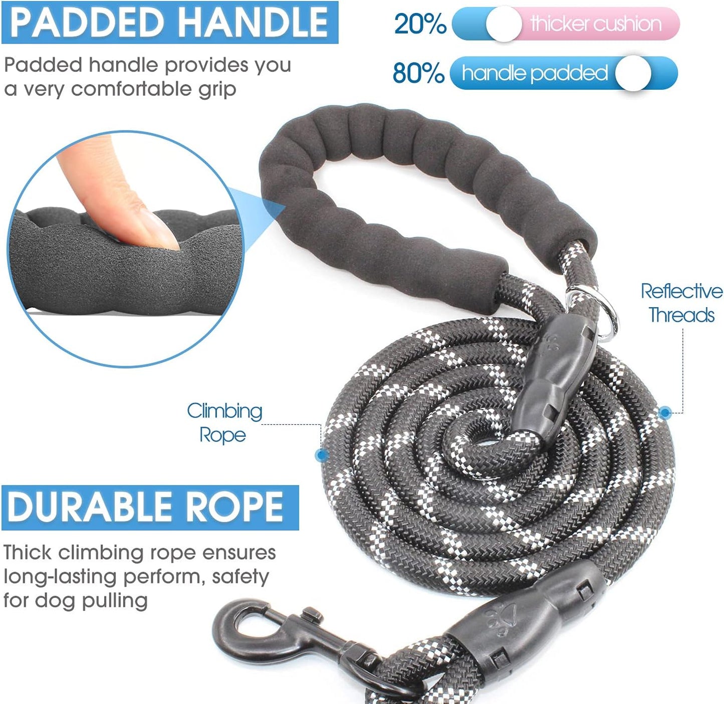 BAAPET 2 Packs 5/6 FT Dog Leash with Comfortable Padded Handle and Highly Reflective Threads Dog Leashes for Small Medium and Large Dogs (5FT-1/2'', Black+Black)