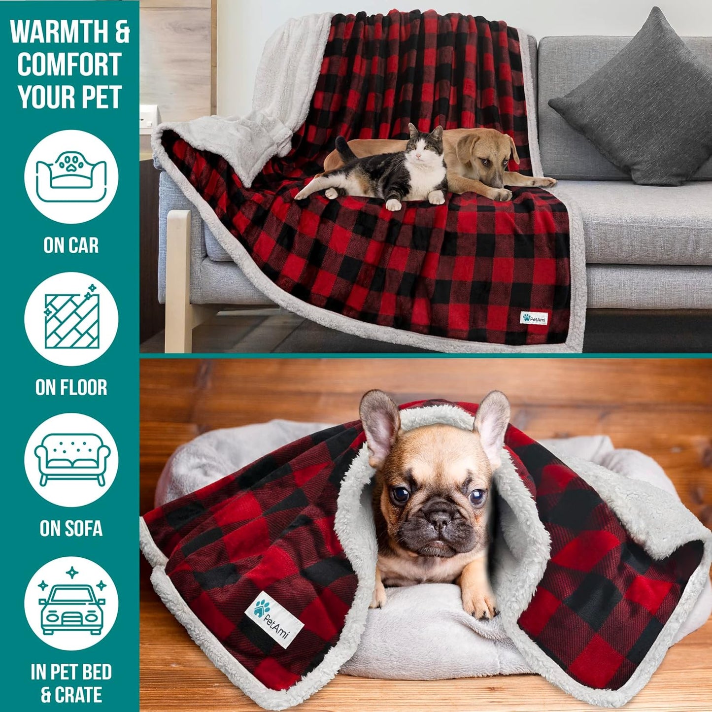 Petami Dog Blanket for Medium Large Dogs, Pet Bed Blanket Cat Puppy Kitten, Fleece Furniture Couch Cover Protector Sofa Car, Soft Sherpa Dog Throw Plush Reversible Washable, 40X60 Checker Red