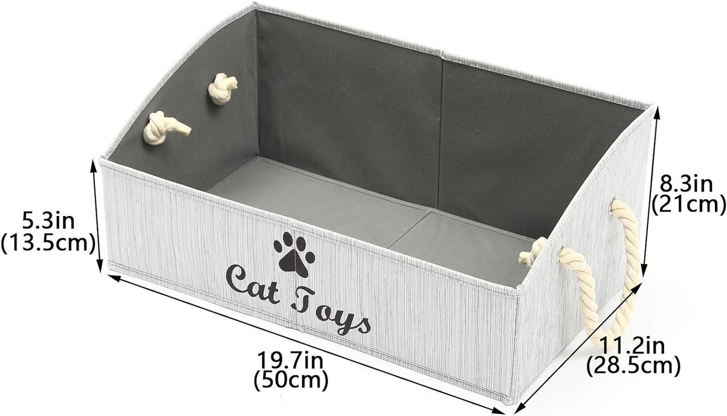 Geyecete Large Cat Toys Storage Bins - Foldable Fabric Trapezoid Organizer Boxes with Weave Rope Handle, Collapsible Basket for Shelves,Cat Toys,Cat Apparel & Accessories(Gray-Cat)