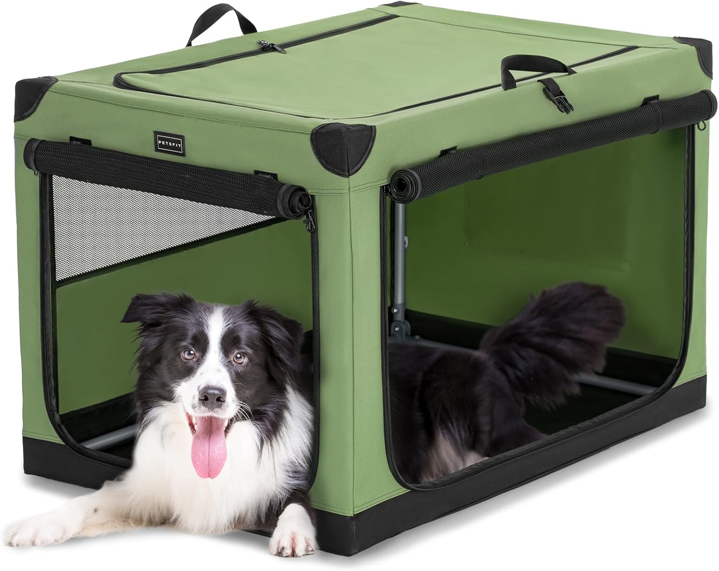 PETSFIT Soft Dog Crate, Dog Travel Crate - 36 Inch Lightweight, Easy Setup, Sturdy Portable Dog Crate, Adjustable Framework with 3 Mesh Door, Soft Sided Collapsible Dog Kennel Green