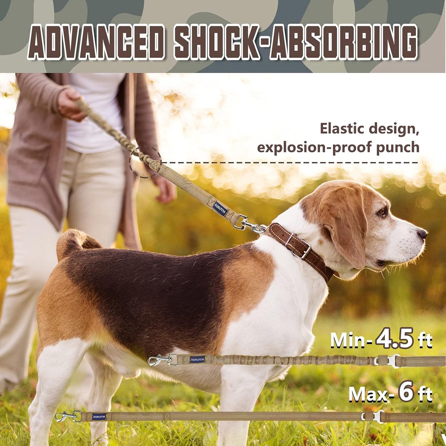 AUROTH Heavy Duty Bungee Dog Leash for Medium Large Breed Dogs, No Pull Leashes for Shock Absorption with Car Seat Belt, 2 Padded Handles 4.5FT 6FT Training Dog Leash