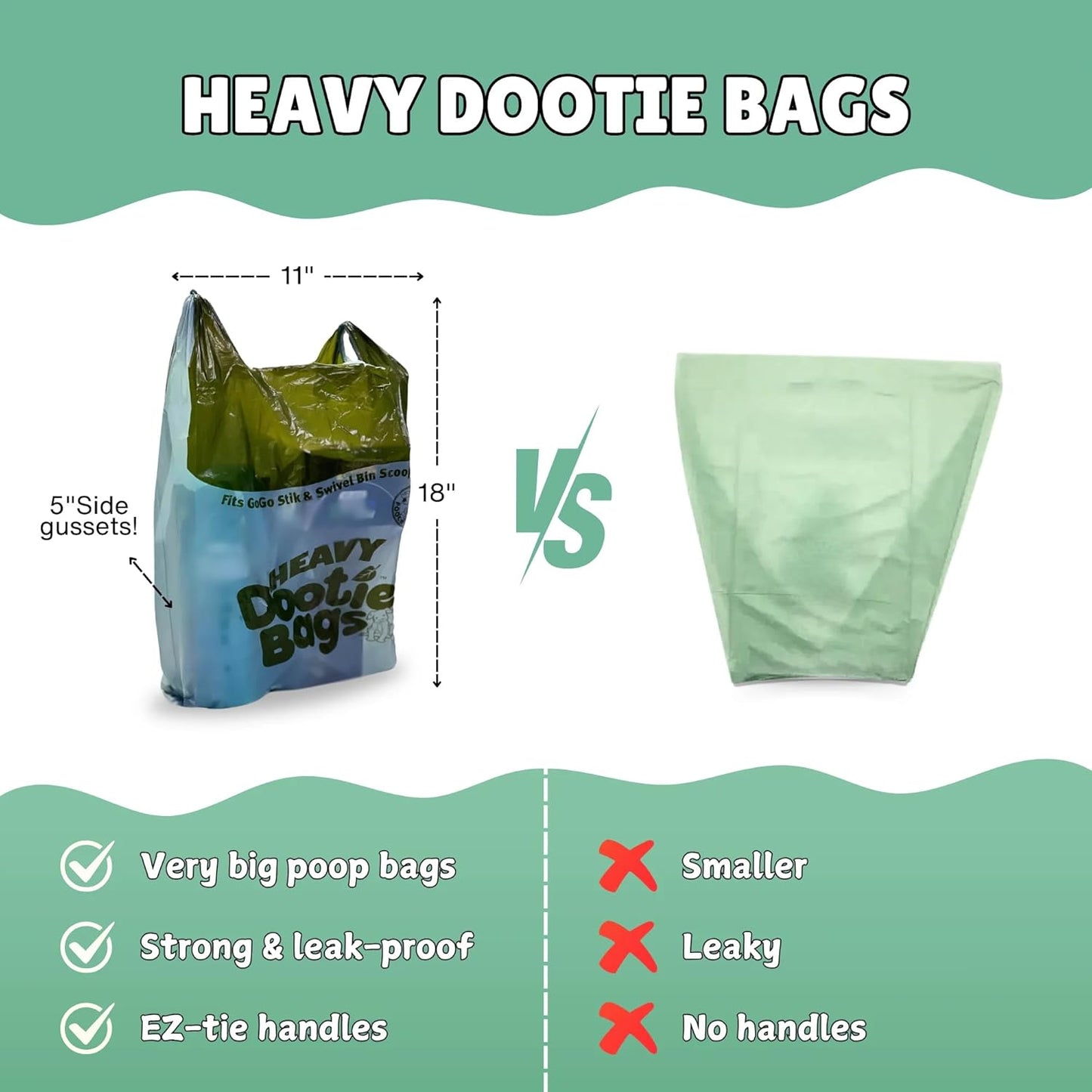 HEAVY Dootie Bags with EZ Tie Handles. Clean and Convenient for Pet Dog Poop, Cat Litter. Multi-Use. Great for Swivel Bin and Gogo Stik Scoopers. Made with Cornstarch. Strong, Leakproof and Very Large