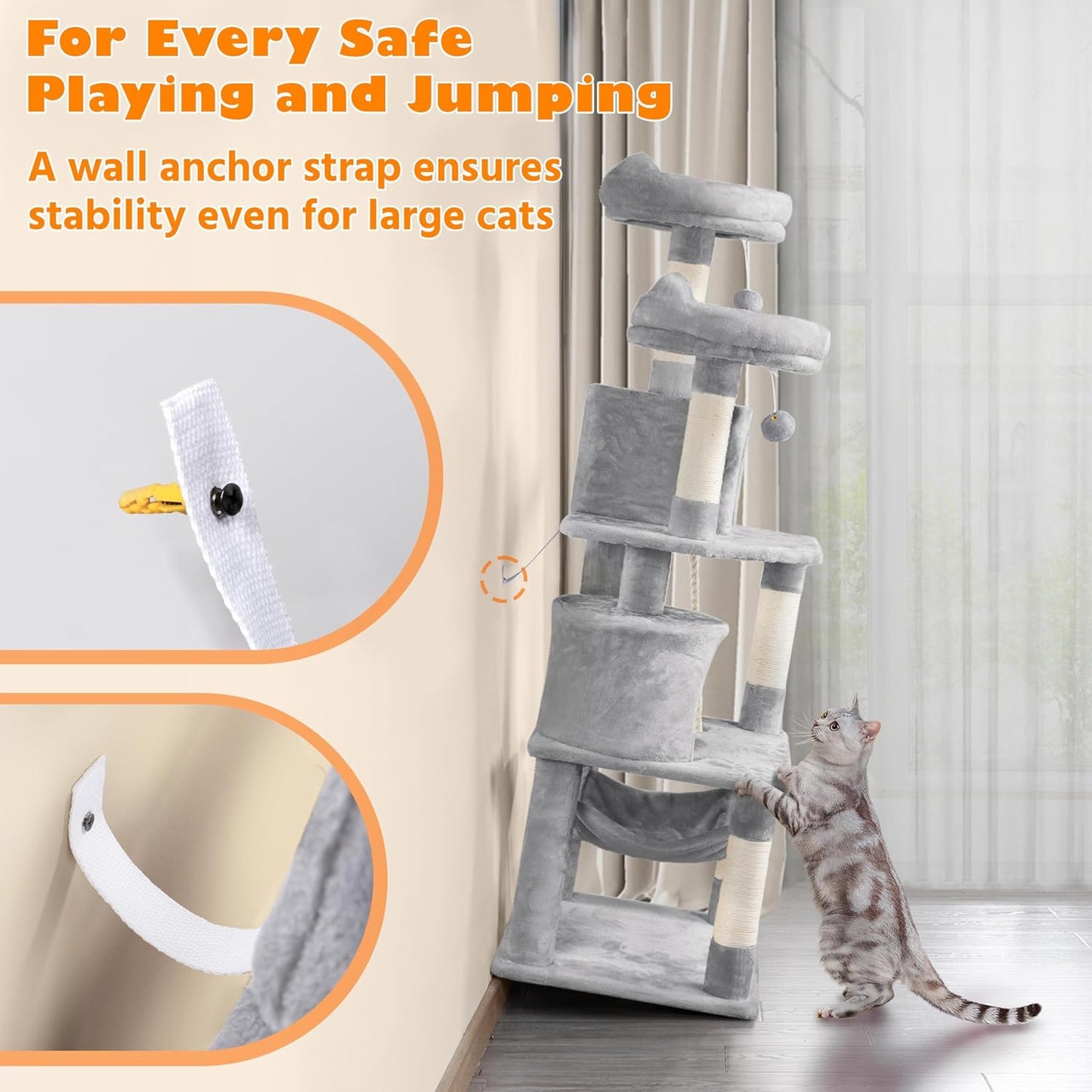 Yaheetech 62.5Inches Cat Tree Cat Tower Cat Condo with Platform & Hammock, Scratching Posts for Kittens Pet Play House with Plush Perch for Indoor Activity Relaxing, Light Gray