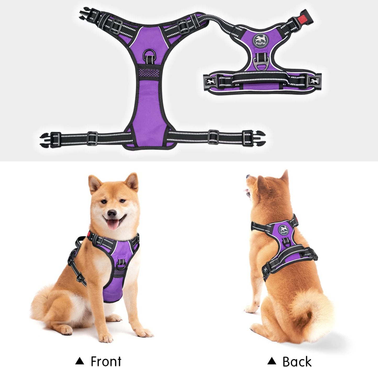 Poypet No Pull Dog Harness, No Choke Front Clip Dog Reflective Harness, Adjustable Soft Padded Pet Vest with Easy Control Handle for Small to Large Dogs(Purple,M)