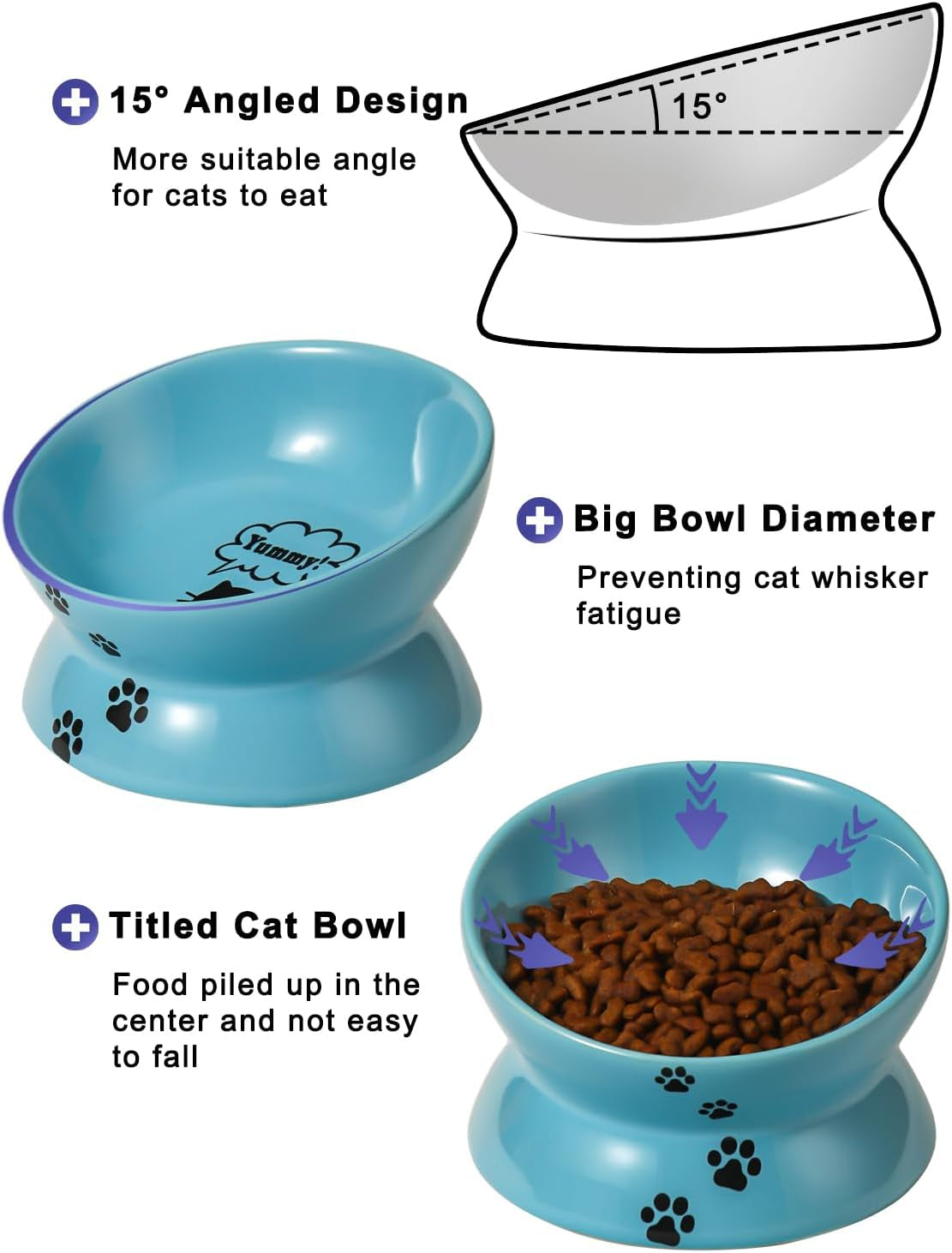 Y YHY Elevated Cat Food Bowl, Ceramic Raised Bowl, Tilt Angle Protects Cat'S Spine, anti Vomiting Dish, Backflow Prevention, Lake Blue