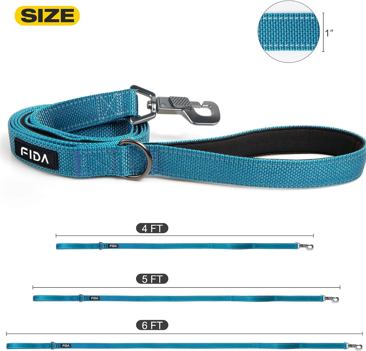 Fida 5 FT Heavy Duty Dog Leash with 2 Comfortable Padded Handles, Traffic Handle & Advanced Easy Snap Hook, Reflective Walking Lead for Large, Medium & Small Breed Dogs, Blue