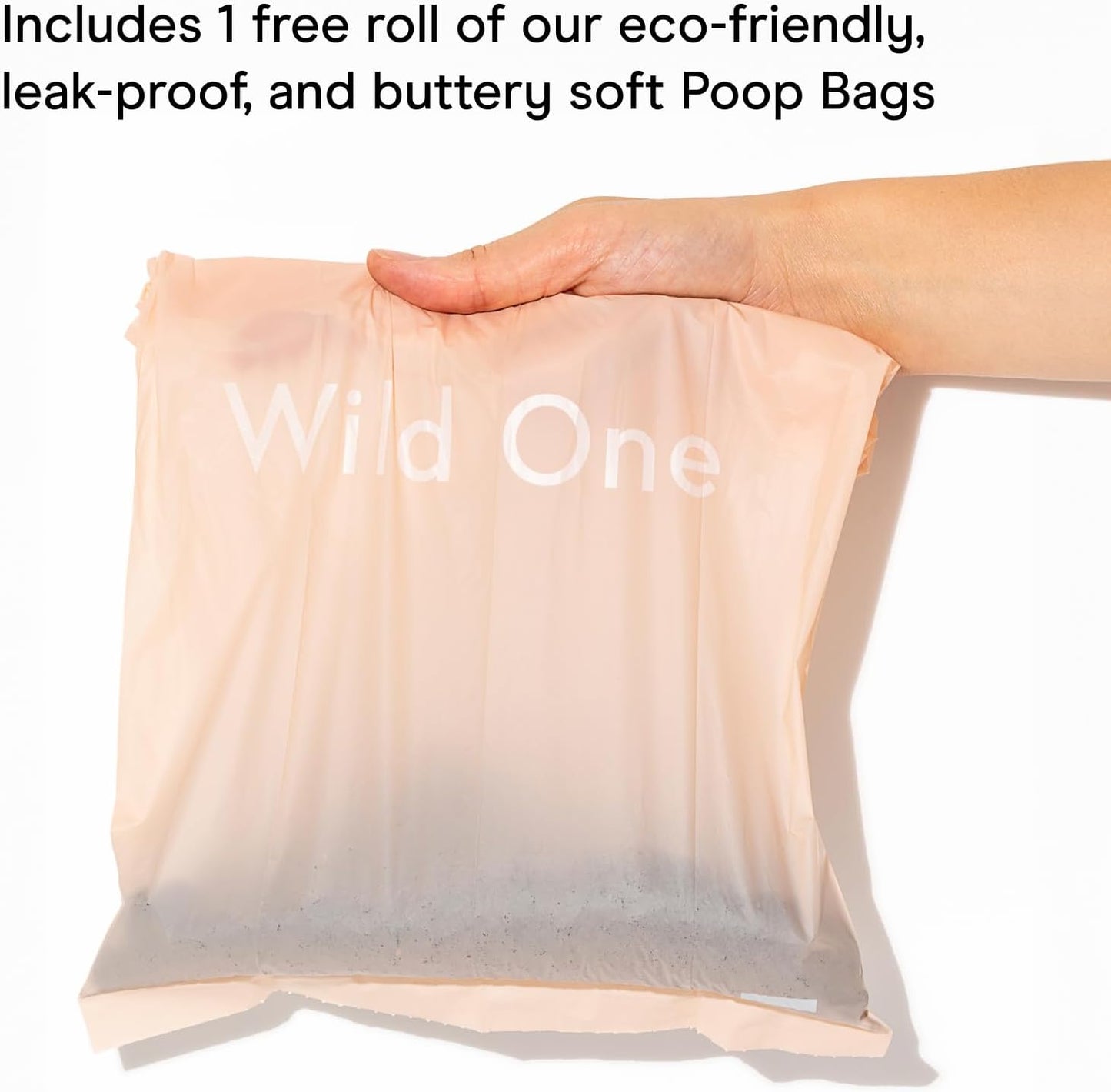 Wild One Dog Poop Bag Holder and Dispenser with Leash Attachment, Leak Proof, Easy Twist Top for Refills, Includes 1 Roll Bags, Blush
