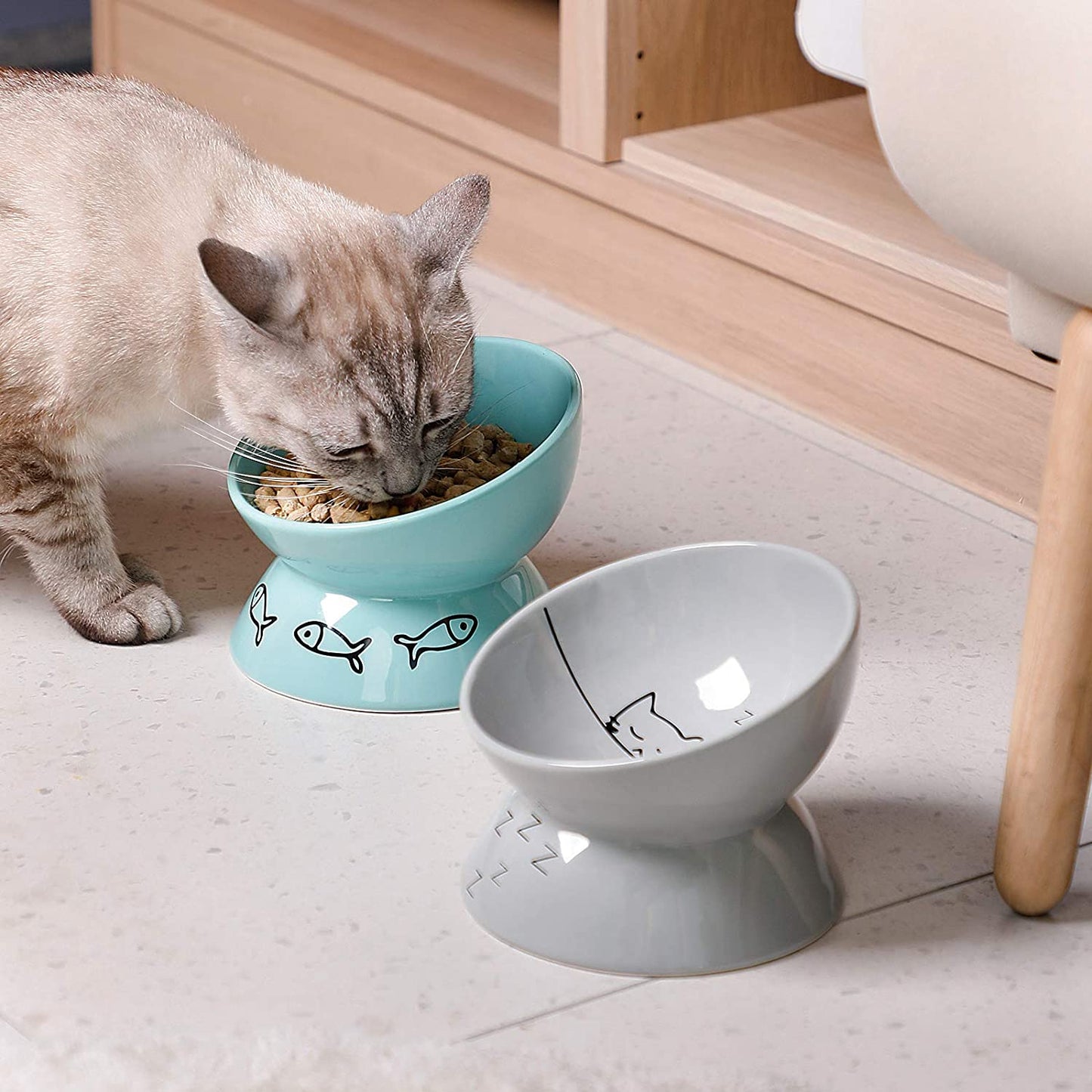 Sweejar Ceramic Raised Cat Bowls, Slanted Cat Dish Food or Water Bowls, Elevated Porcelain Pet Feeder Bowl Protect Cat'S Spine, Stress Free, Backflow Prevention(Grey)