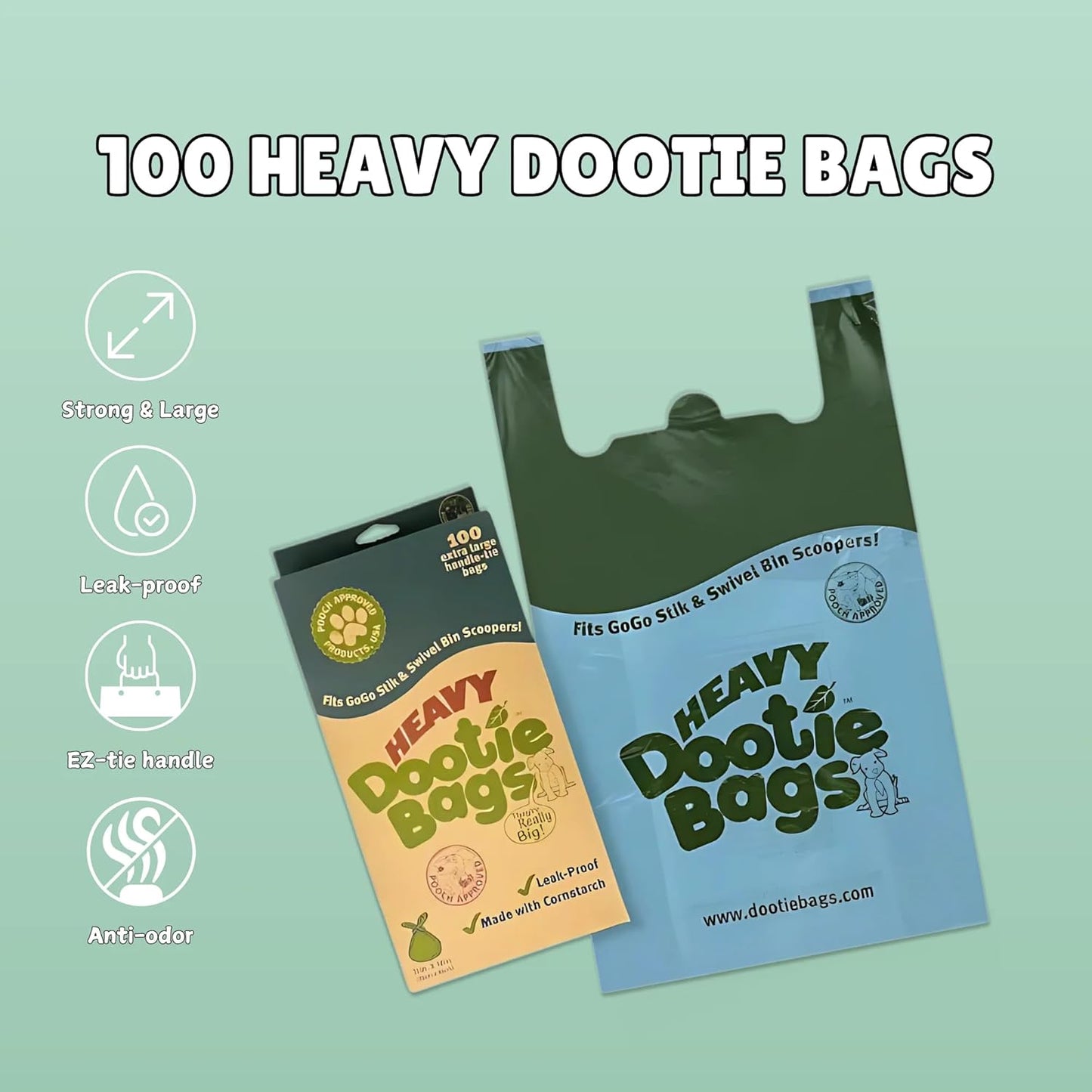HEAVY Dootie Bags with EZ Tie Handles. Clean and Convenient for Pet Dog Poop, Cat Litter. Multi-Use. Great for Swivel Bin and Gogo Stik Scoopers. Made with Cornstarch. Strong, Leakproof and Very Large