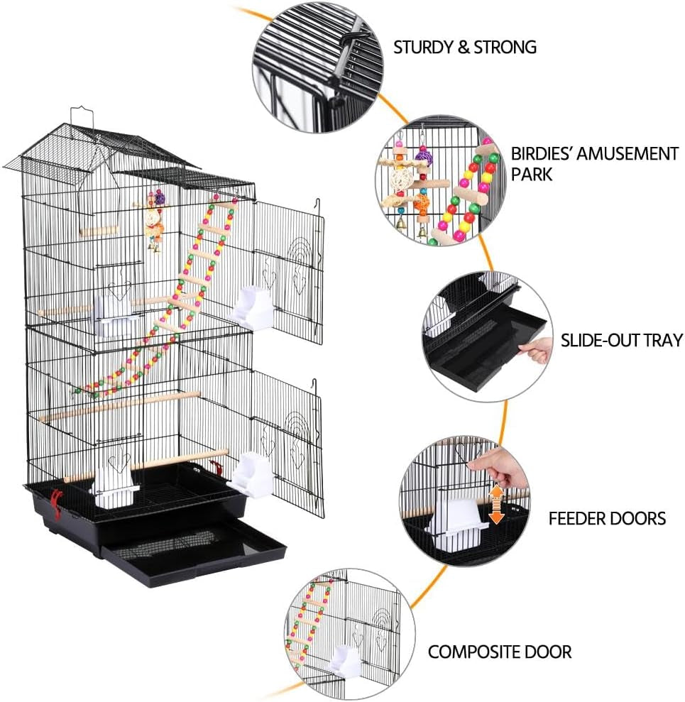 Yaheetech 39-Inch Roof Top Large Flight Parrot Bird Cage for Small Quaker Parrot Cockatiel Sun Parakeet Green Cheek Conure Budgie Finch Lovebird Canary Pet Bird Cage W/Toys