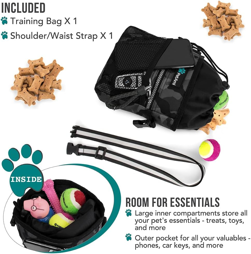 Petami Dog Treat Pouch, Pet Treat Pouch for Training, Dog Walking Bag Holder for Kibbles, Pet Food Toy, Dog Trainer Essentials Supplies, Poop Bag Dispenser, 3 Ways to Wear (Camo Black)