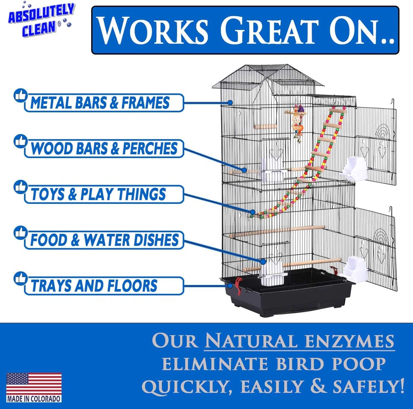 Absolutely Clean Amazing Bird Cage Cleaner and Deodorizer - Just Spray/Wipe - Safely & Easily Removes Bird Messes Quickly and Easily - USA Made - Fragrance Free (4X Concentrate - 16Oz Makes 64Oz)