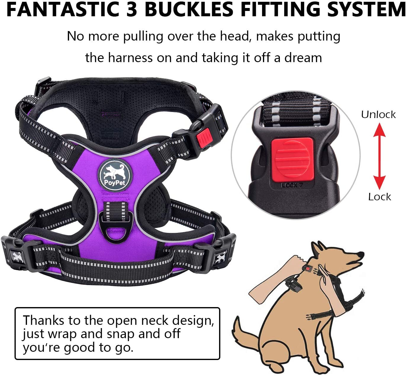 Poypet No Pull Dog Harness, No Choke Front Clip Dog Reflective Harness, Adjustable Soft Padded Pet Vest with Easy Control Handle for Small to Large Dogs(Purple,M)