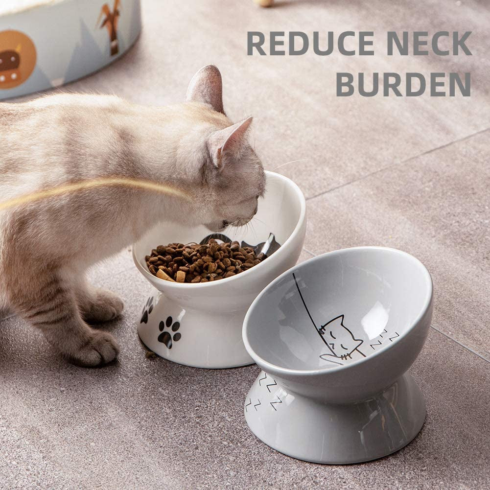 Sweejar Ceramic Raised Cat Bowls, Slanted Cat Dish Food or Water Bowls, Elevated Porcelain Pet Feeder Bowl Protect Cat'S Spine, Stress Free, Backflow Prevention(Grey)