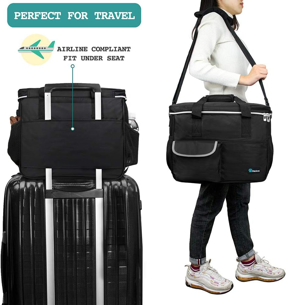 Petami Travel Bag Organizer - Dog & Cat Diaper Bag with Food Container, Bowls & Accessories for Weekend Camping