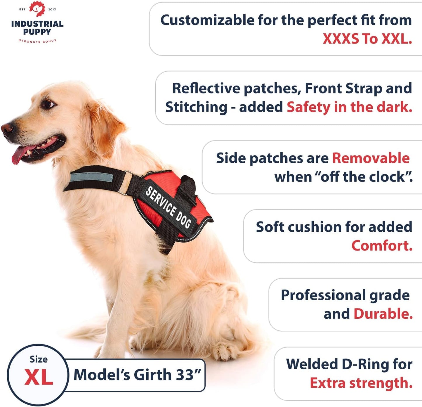 Industrial Puppy Service Dog Vest with Hook and Loop Straps and Matching Service Dog Leash Set - Harnesses from XXS to XXL - Harness Features Reflective Patch and Comfortable Mesh Design