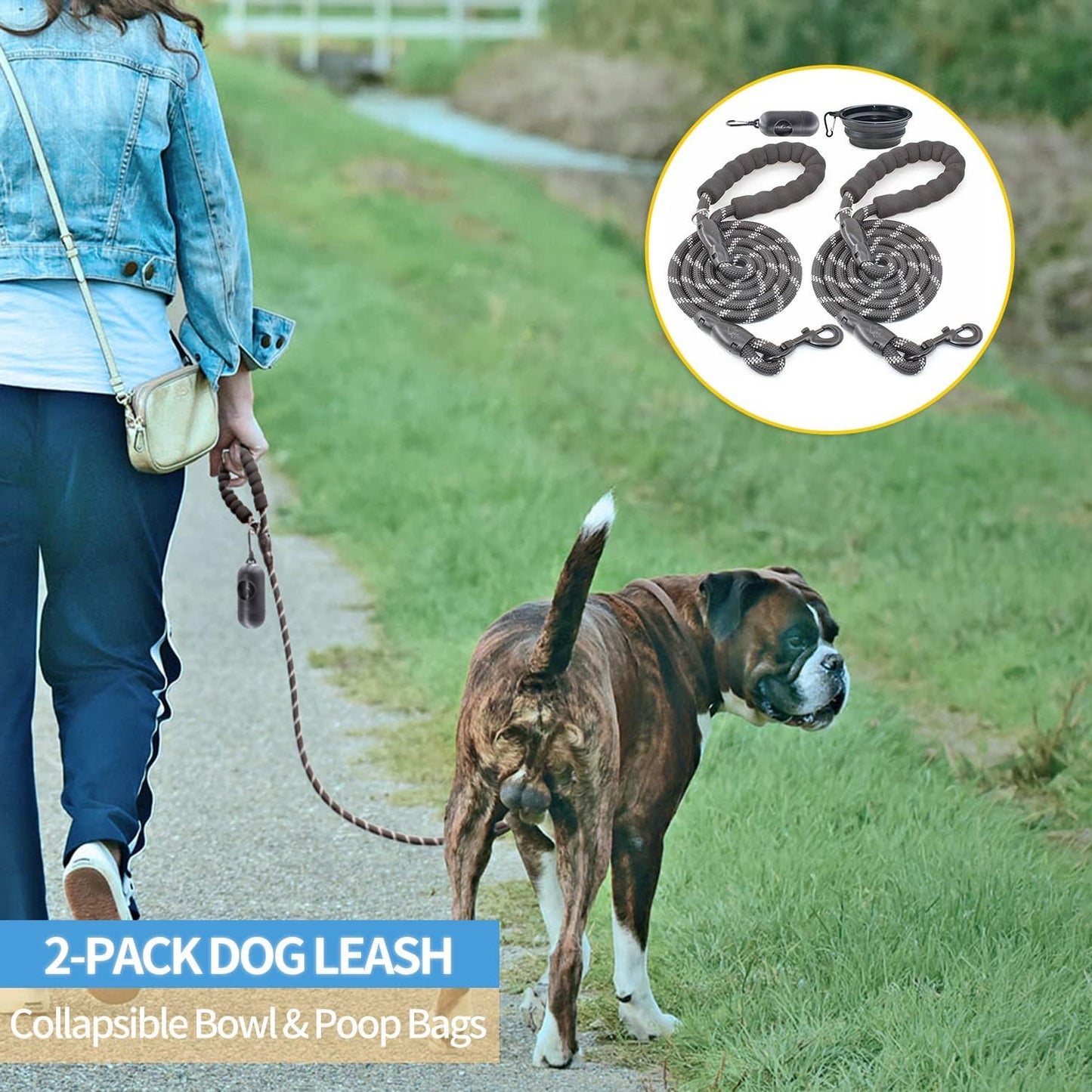 BAAPET 2 Packs 5/6 FT Dog Leash with Comfortable Padded Handle and Highly Reflective Threads Dog Leashes for Small Medium and Large Dogs (5FT-1/2'', Black+Black)