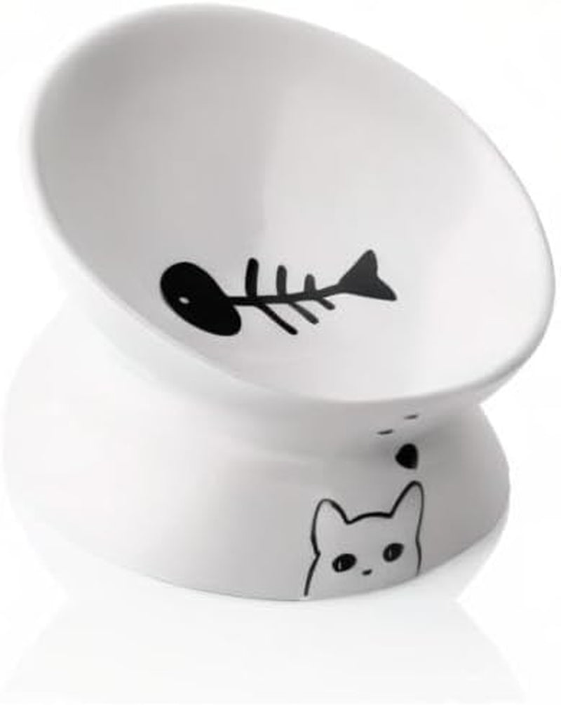 Sweejar Ceramic Raised Cat Bowls, Slanted Cat Dish Food or Water Bowls, Elevated Porcelain Pet Feeder Bowl Protect Cat'S Spine, Stress Free, Backflow Prevention (White)