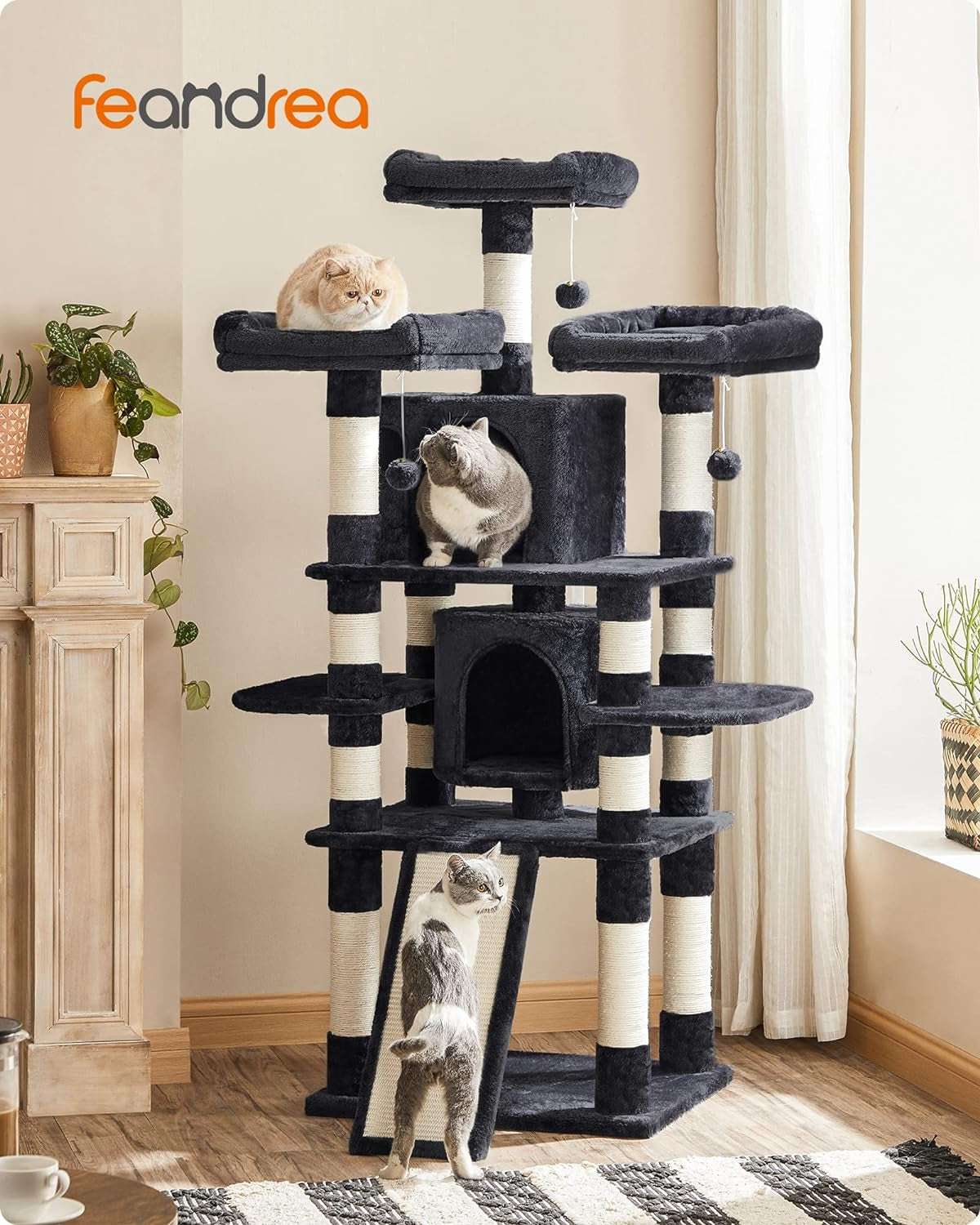 Feandrea 67 Inches Multi-Level Cat Tree for Large Cats, with Cozy Perches, Stable, Smoky Gray UPCT18G