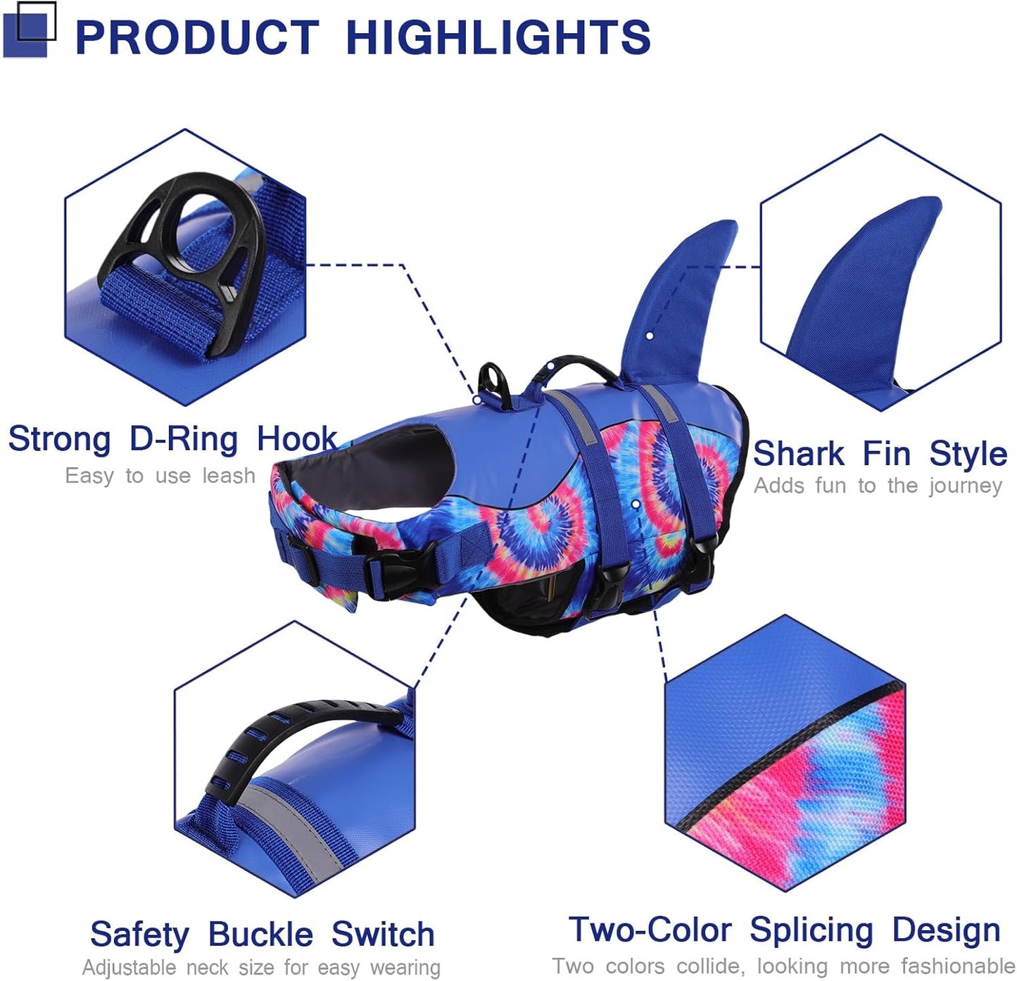 ASENKU Dog Life Jacket - Pet Safety Vest for Swimming & Boating, Shark Life Jacket with Floatation, Dog Lifesavers Swimsuits for Small Medium Large Dogs (Blue Bandhnu, XL)