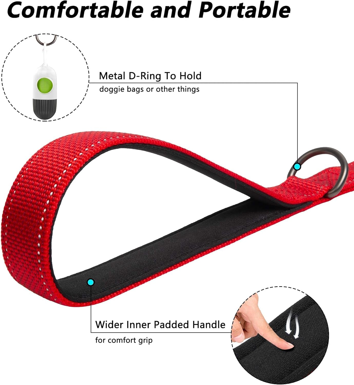 Petifine 4FT Heavy Duty Dog Leash with Soft Padded Double Handle, Durable Strong Clasp Dog Leashes, Reflective Nylon Walking Lead for Large,Medium,Small Breed Dogs, Red