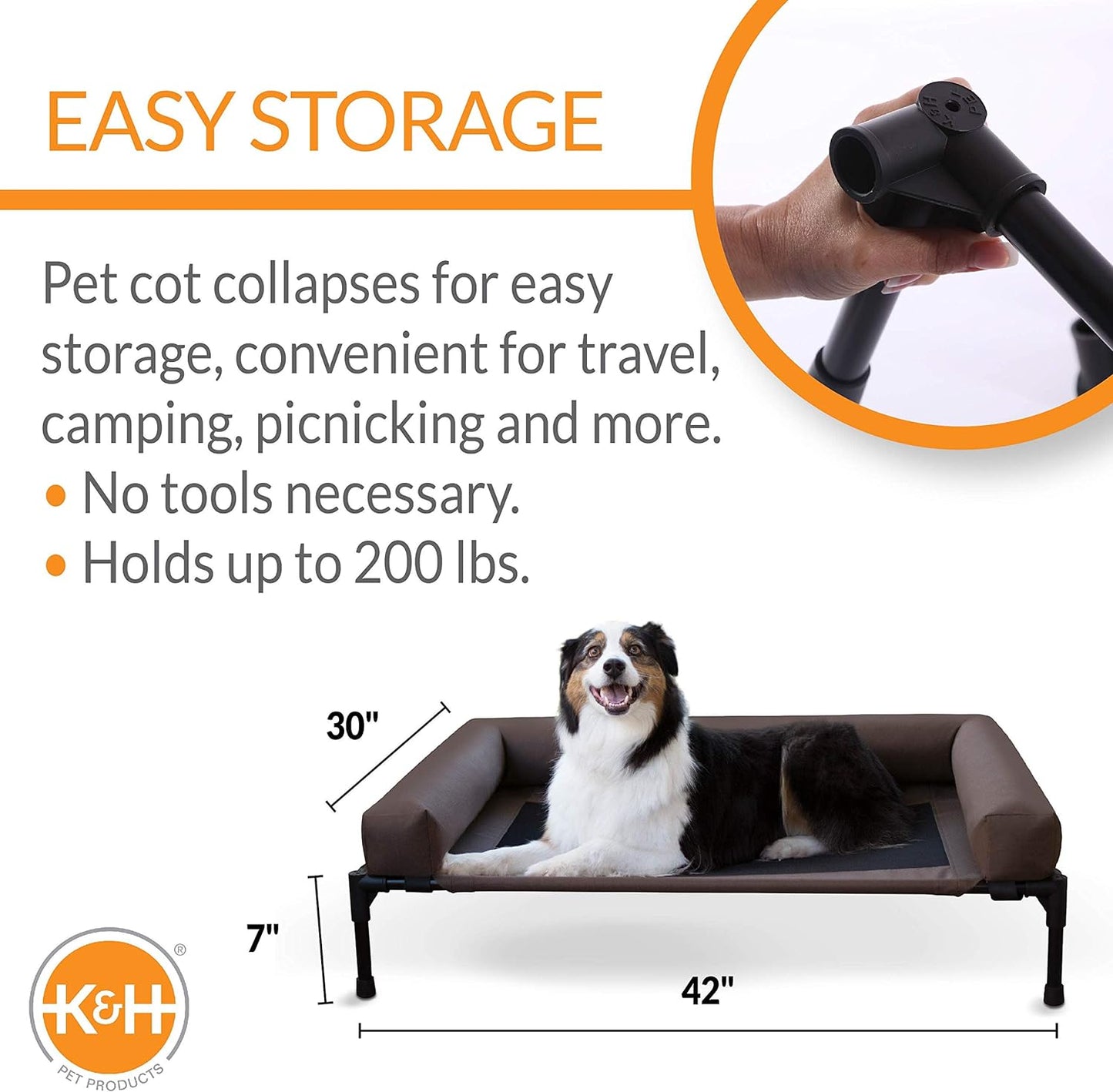 K&H Pet Products Original Bolster Pet Cot Outdoor Elevated Dog Bed with Removable Bolsters - Chocolate/Black Mesh, Large 30 X 42 X 7 Inches