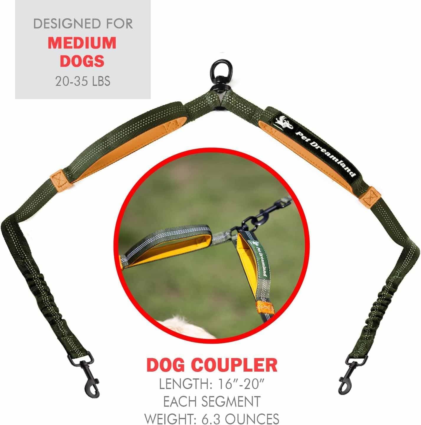 Pet Dreamland Exquisite Double Dog Leash Coupler with Tangle-Free Swivel. Premium & Versatile Attachment for Walking Two Dogs. You Will Absolutely Love This Amazing Dual Dog Coupler (Khaki & Orange)