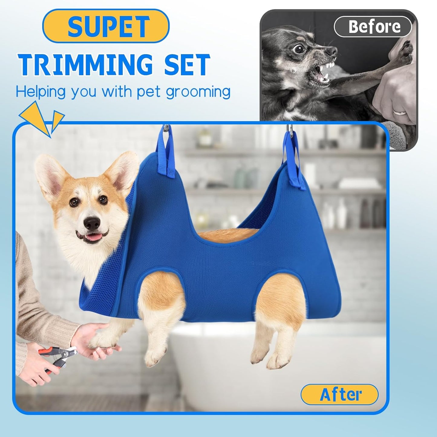 Dog Grooming Hammock Harness for Dogs Cats, Relaxation Pet Nail Clipper Hammock, Restraint Dog & Small Animal Leashes Sling for Groomingk for Nail Trimming (Blue, 2XS)