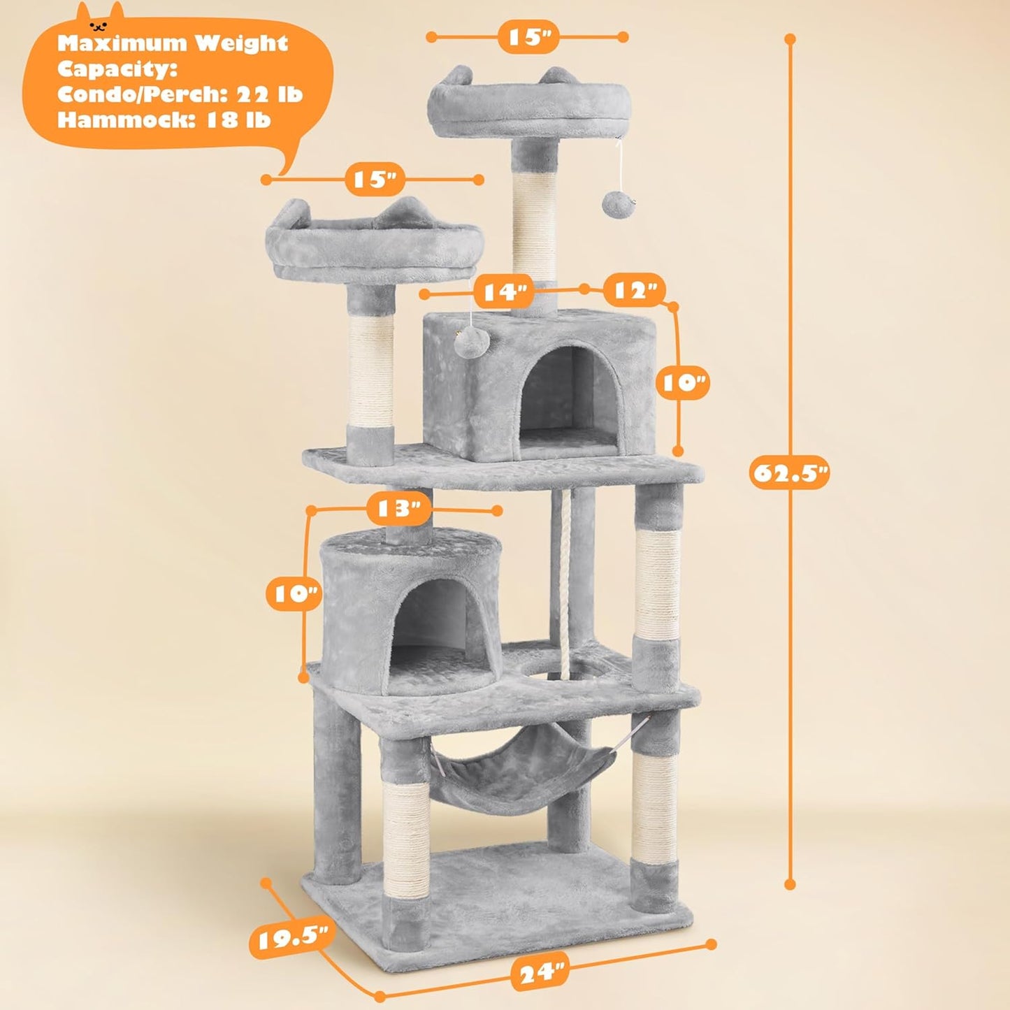 Yaheetech 62.5Inches Cat Tree Cat Tower Cat Condo with Platform & Hammock, Scratching Posts for Kittens Pet Play House with Plush Perch for Indoor Activity Relaxing, Light Gray