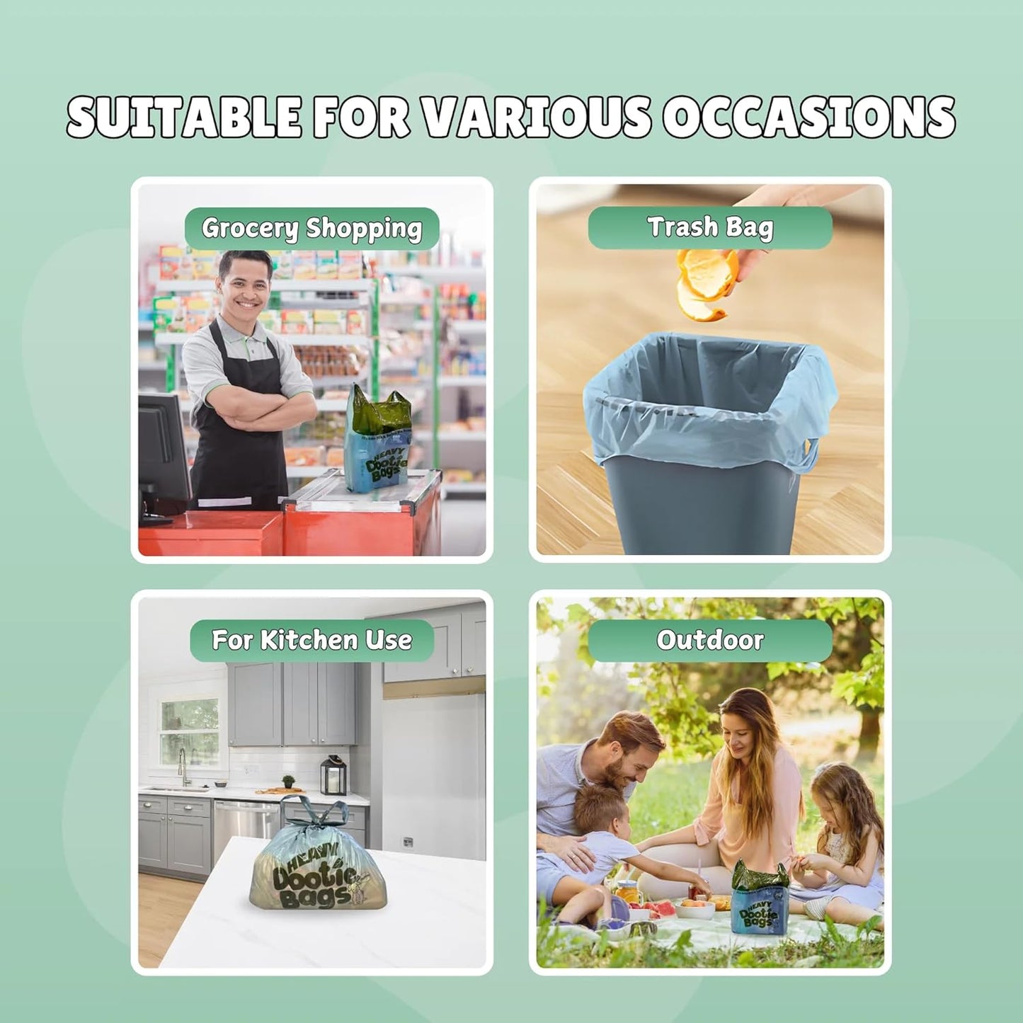 HEAVY Dootie Bags with EZ Tie Handles. Clean and Convenient for Pet Dog Poop, Cat Litter. Multi-Use. Great for Swivel Bin and Gogo Stik Scoopers. Made with Cornstarch. Strong, Leakproof and Very Large