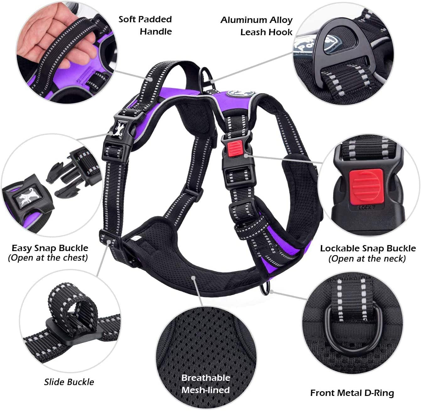 Poypet No Pull Dog Harness, No Choke Front Clip Dog Reflective Harness, Adjustable Soft Padded Pet Vest with Easy Control Handle for Small to Large Dogs(Purple,M)