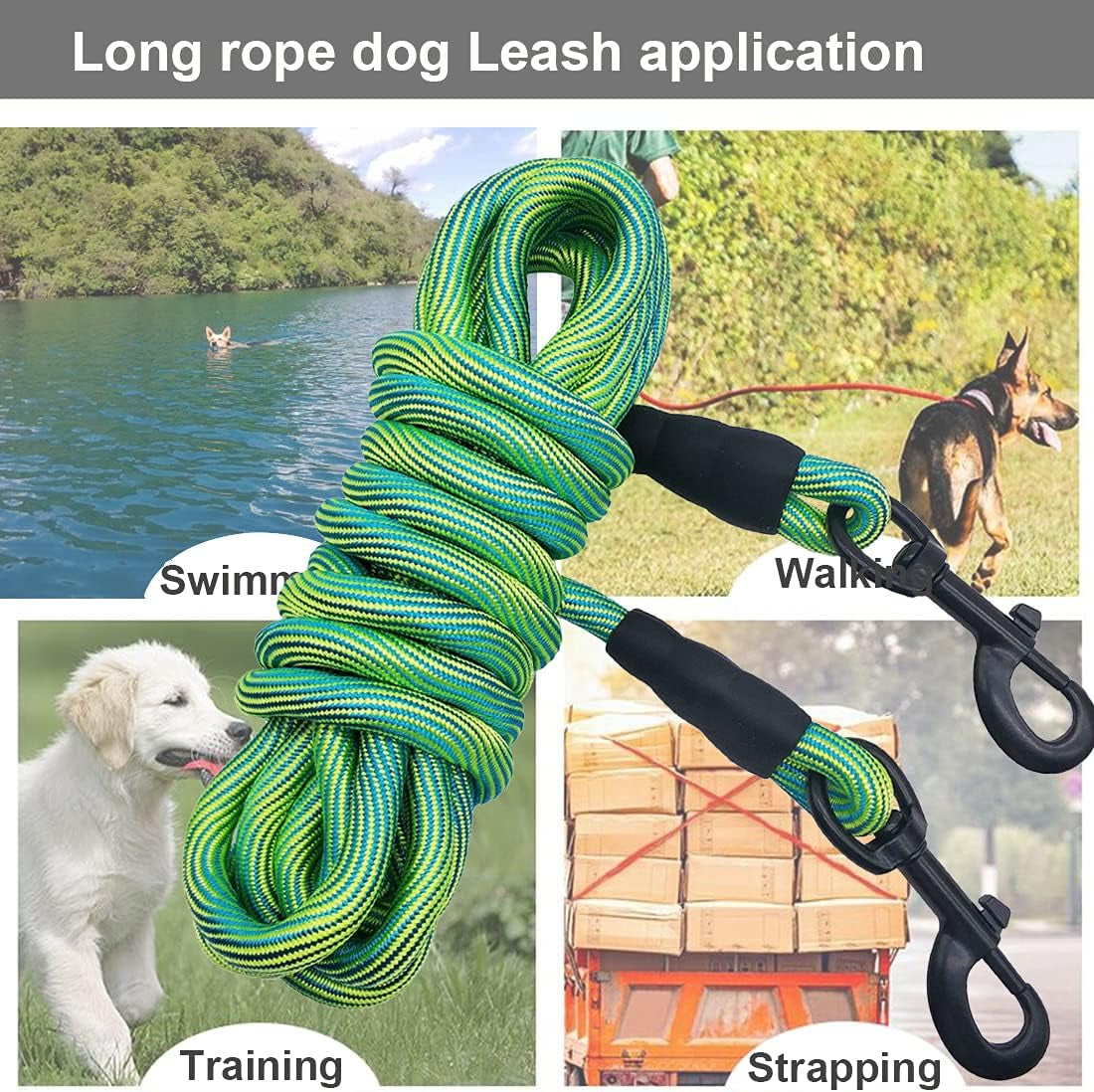 BTINESFUL 8Ft 12Ft 20Ft 30Ft 50Ft 75Ft Dog Tie Out Long Tether Rope Leash, Outdoor Yard Leash, Large Medium Small Dogs Training, Playing, Camping, Backyard (Green, 50 Foot)