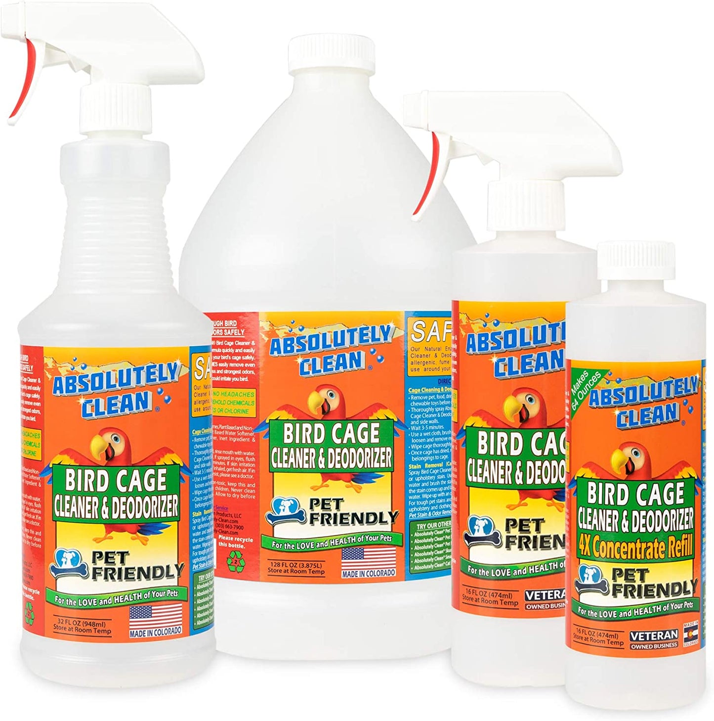 Absolutely Clean Amazing Bird Cage Cleaner and Deodorizer - Just Spray/Wipe - Safely & Easily Removes Bird Messes Quickly and Easily - USA Made - Fragrance Free (4X Concentrate - 16Oz Makes 64Oz)