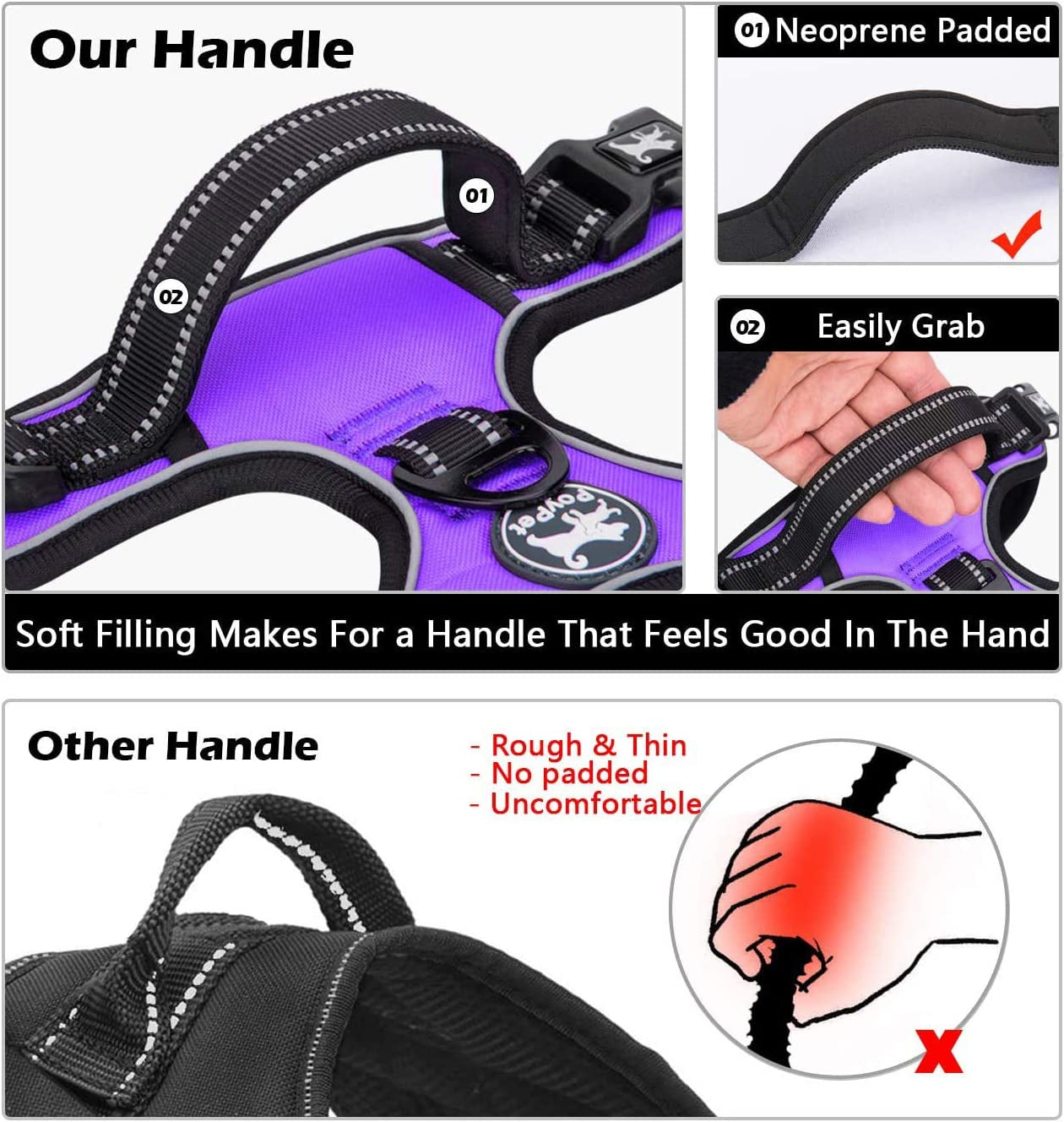 Poypet No Pull Dog Harness, No Choke Front Clip Dog Reflective Harness, Adjustable Soft Padded Pet Vest with Easy Control Handle for Small to Large Dogs(Purple,M)