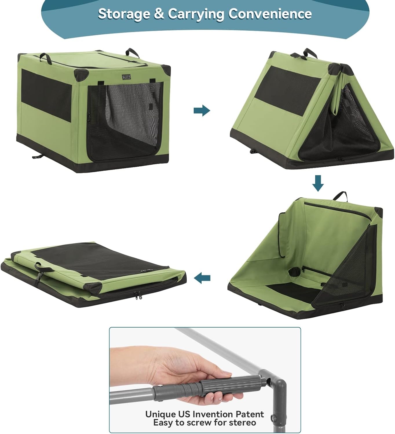 PETSFIT Soft Dog Crate, Dog Travel Crate - 36 Inch Lightweight, Easy Setup, Sturdy Portable Dog Crate, Adjustable Framework with 3 Mesh Door, Soft Sided Collapsible Dog Kennel Green