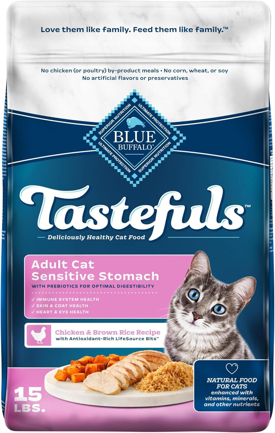 Blue Buffalo Tastefuls Natural Dry Food for Adult Cats, Sensitive Stomach, Chicken & Brown Rice Recipe, 15-Lb Bag