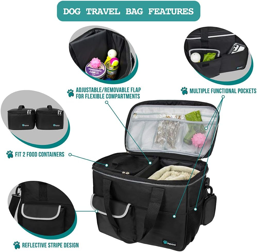 Petami Travel Bag Organizer - Dog & Cat Diaper Bag with Food Container, Bowls & Accessories for Weekend Camping