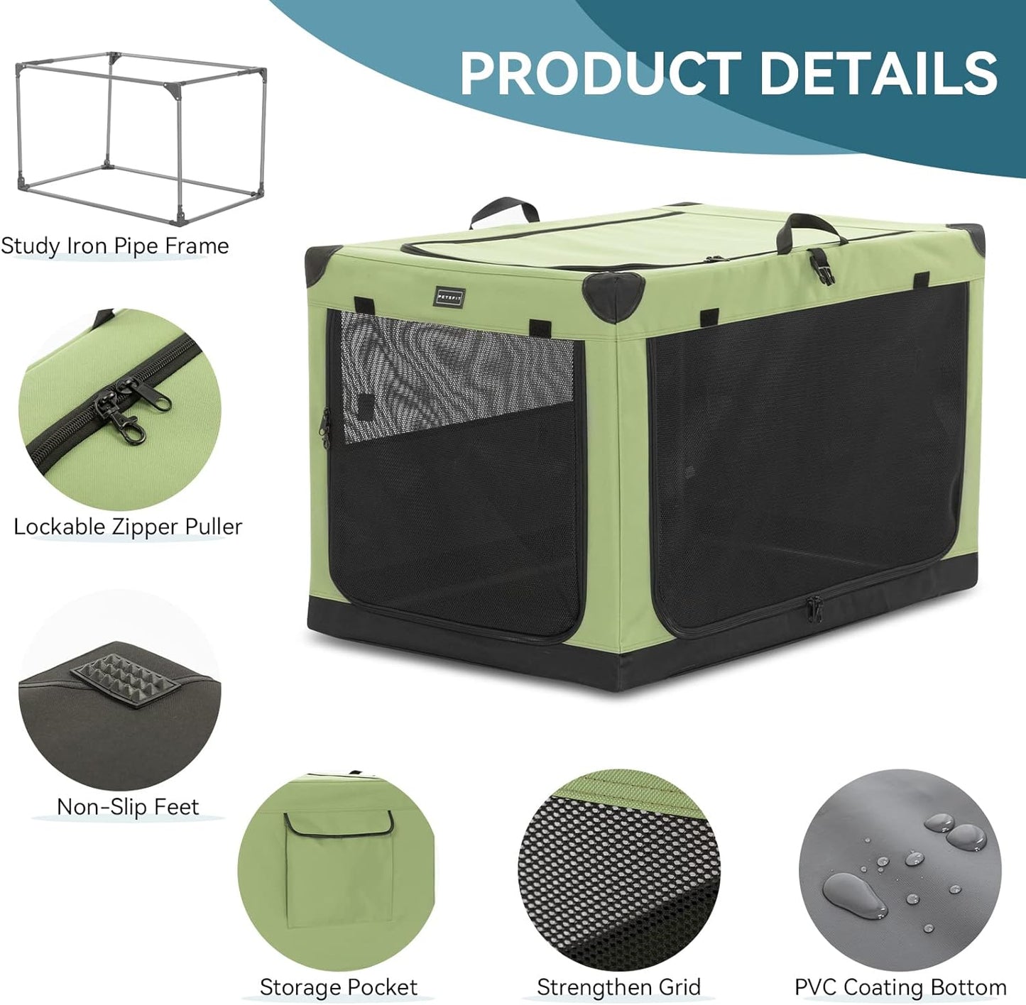 PETSFIT Soft Dog Crate, Dog Travel Crate - 36 Inch Lightweight, Easy Setup, Sturdy Portable Dog Crate, Adjustable Framework with 3 Mesh Door, Soft Sided Collapsible Dog Kennel Green