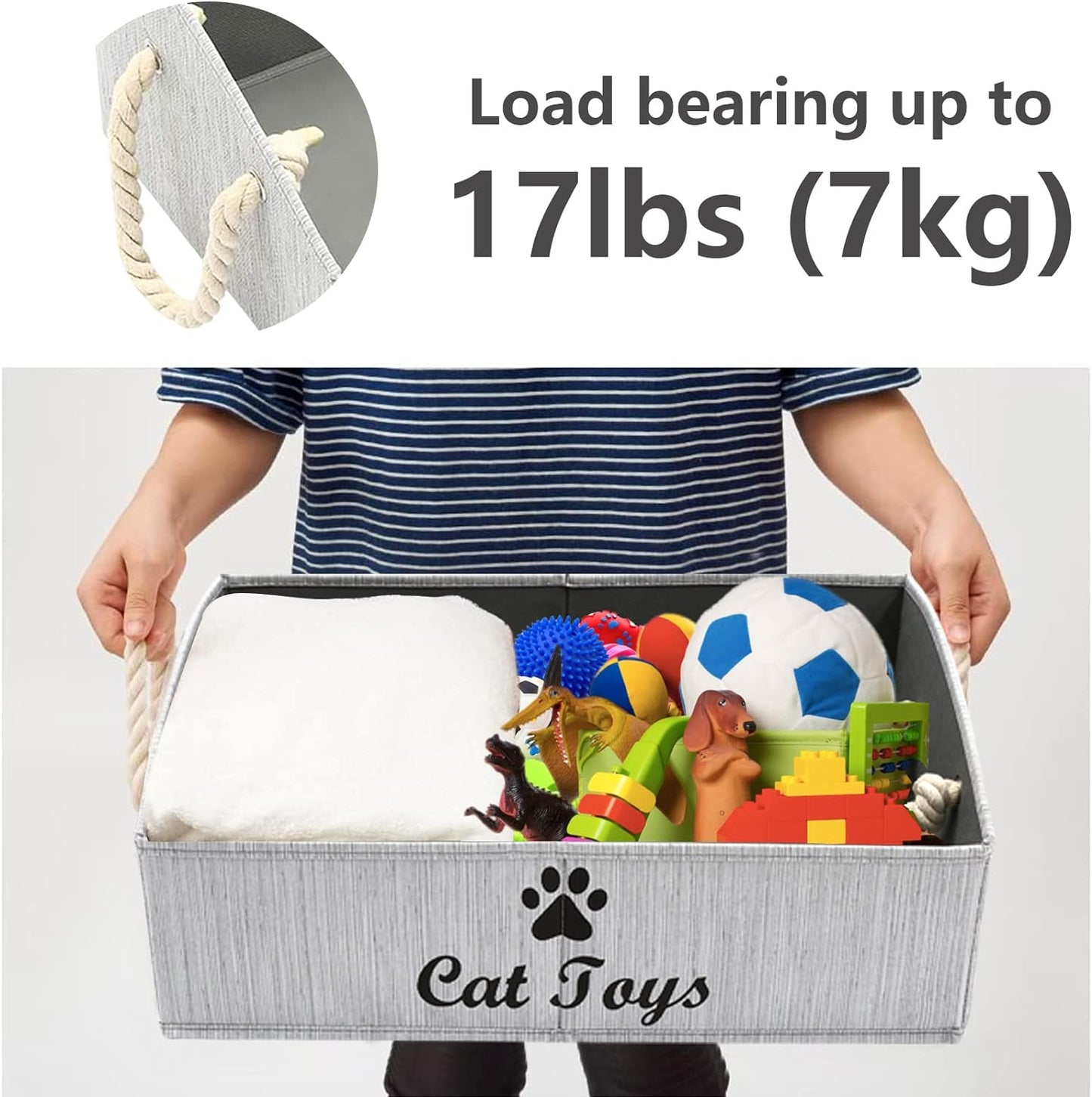 Geyecete Large Cat Toys Storage Bins - Foldable Fabric Trapezoid Organizer Boxes with Weave Rope Handle, Collapsible Basket for Shelves,Cat Toys,Cat Apparel & Accessories(Gray-Cat)