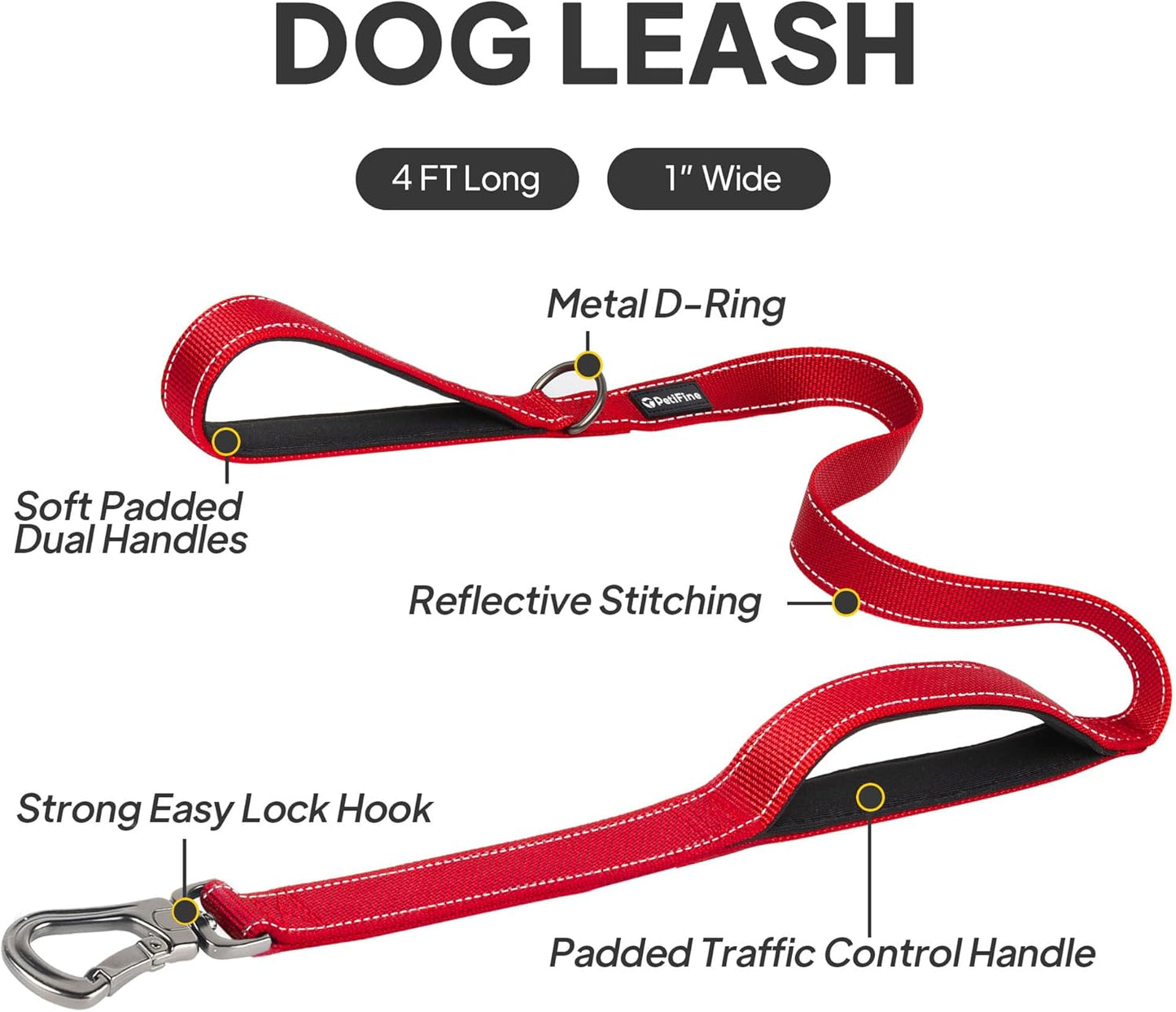 Petifine 4FT Heavy Duty Dog Leash with Soft Padded Double Handle, Durable Strong Clasp Dog Leashes, Reflective Nylon Walking Lead for Large,Medium,Small Breed Dogs, Red