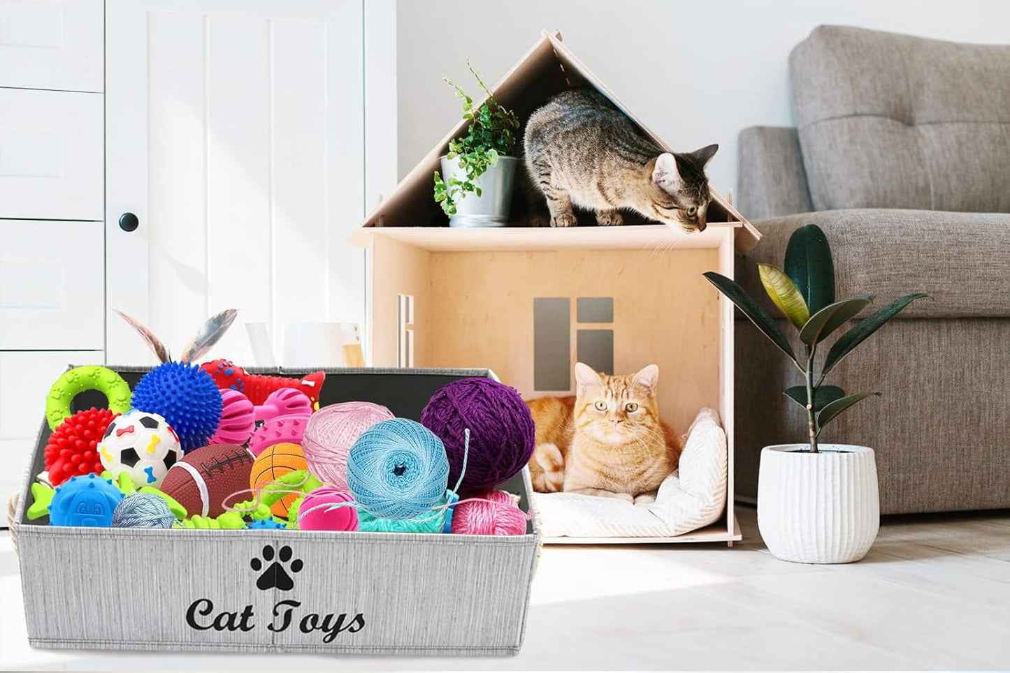 Geyecete Large Cat Toys Storage Bins - Foldable Fabric Trapezoid Organizer Boxes with Weave Rope Handle, Collapsible Basket for Shelves,Cat Toys,Cat Apparel & Accessories(Gray-Cat)