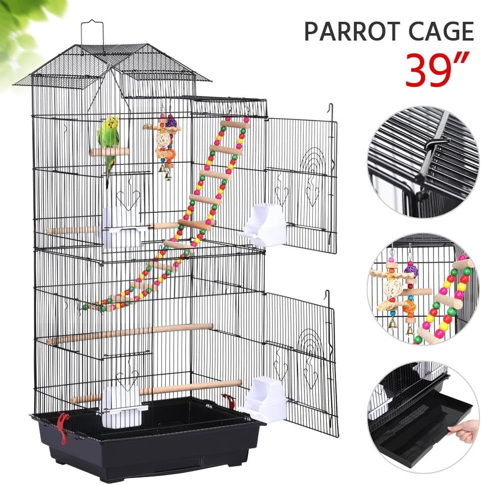 Yaheetech 39-Inch Roof Top Large Flight Parrot Bird Cage for Small Quaker Parrot Cockatiel Sun Parakeet Green Cheek Conure Budgie Finch Lovebird Canary Pet Bird Cage W/Toys