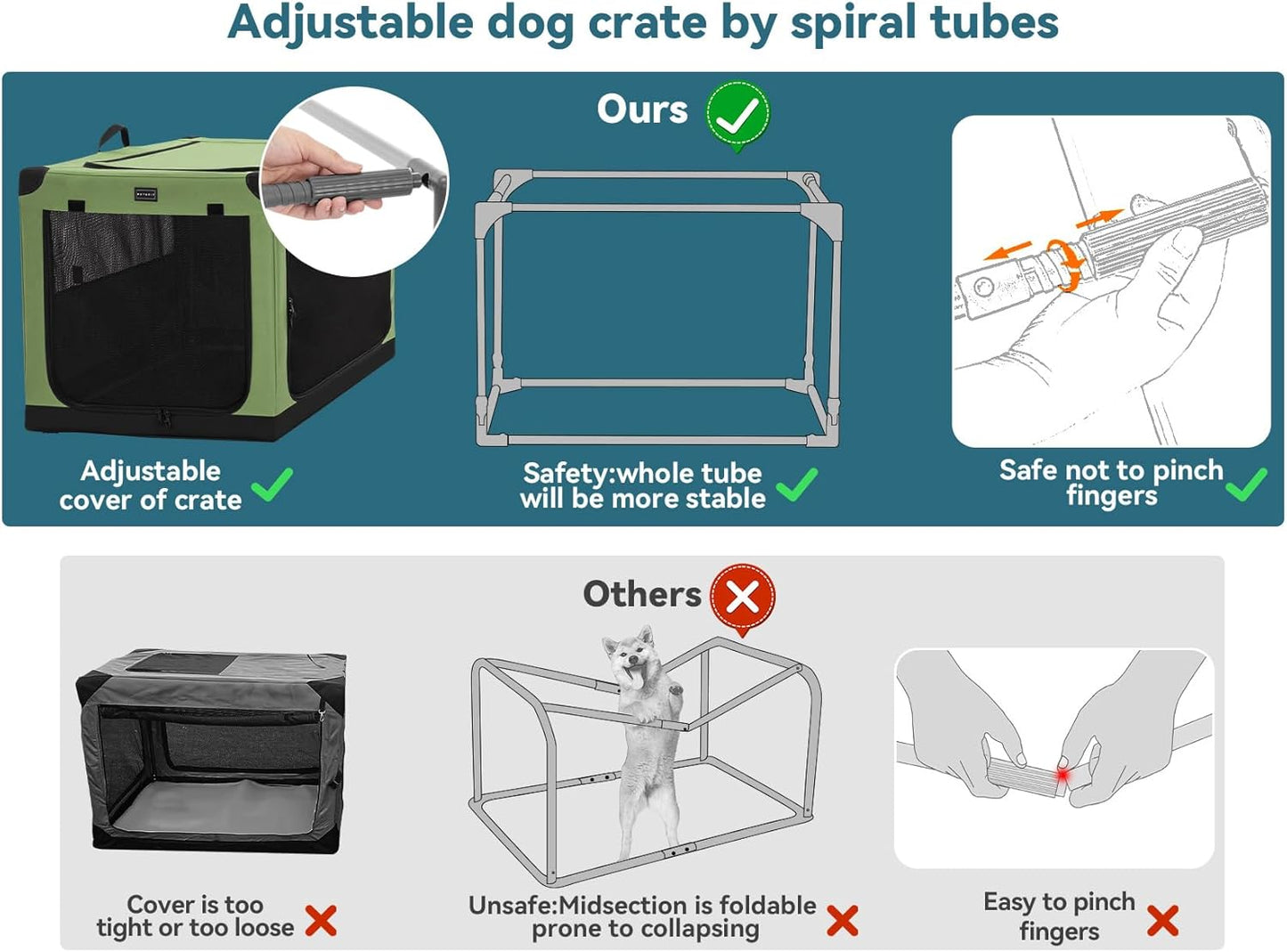 PETSFIT Soft Dog Crate, Dog Travel Crate - 36 Inch Lightweight, Easy Setup, Sturdy Portable Dog Crate, Adjustable Framework with 3 Mesh Door, Soft Sided Collapsible Dog Kennel Green