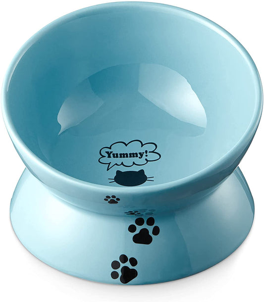 Y YHY Elevated Cat Food Bowl, Ceramic Raised Bowl, Tilt Angle Protects Cat'S Spine, anti Vomiting Dish, Backflow Prevention, Lake Blue