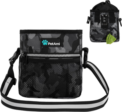 Petami Dog Treat Pouch, Pet Treat Pouch for Training, Dog Walking Bag Holder for Kibbles, Pet Food Toy, Dog Trainer Essentials Supplies, Poop Bag Dispenser, 3 Ways to Wear (Camo Black)