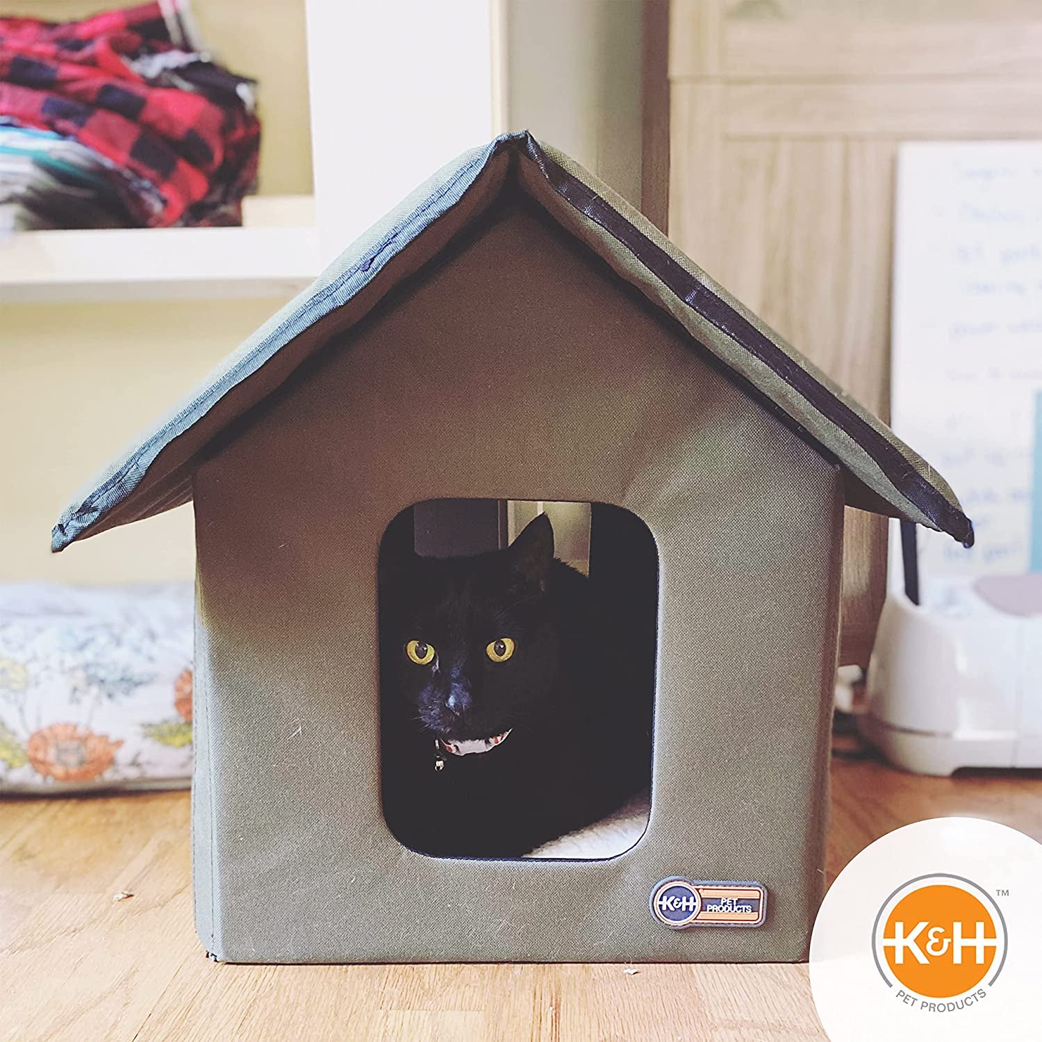 K&H Pet Products Outdoor Cat House for outside Pets, Weatherproof Outdoor Cat House for Ferals, Insulated Kitty Shelter, 2 Doors, Waterproof Removable Floor Pad, Unheated - Olive/Olive