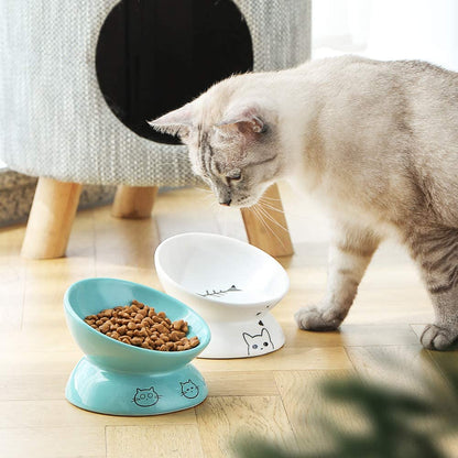 Sweejar Ceramic Raised Cat Bowls, Slanted Cat Dish Food or Water Bowls, Elevated Porcelain Pet Feeder Bowl Protect Cat'S Spine, Stress Free, Backflow Prevention (White)